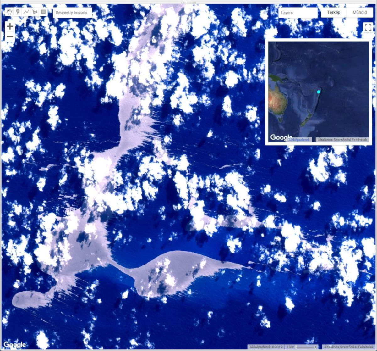 A vulkáni habkősziget részlete a 2019. augusztus 11-én készült Sentinel-2 műholdfelvételen