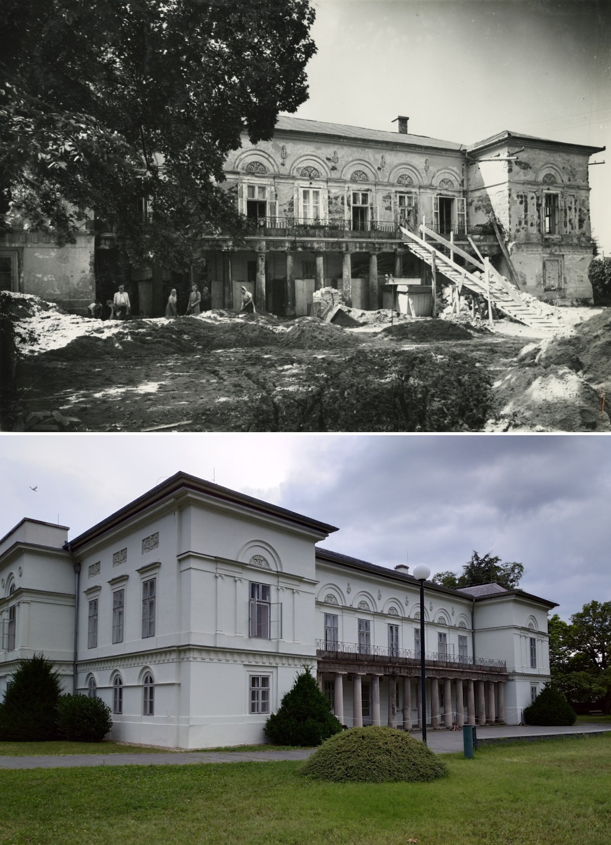 A gyöngyösi Orczy-kastély északi homlokzata 1951-ben és napjainkban (Fotó: VÁTI / Lechner Tudásközpont; Tábi Emőke / Lechner Tudásközpont)