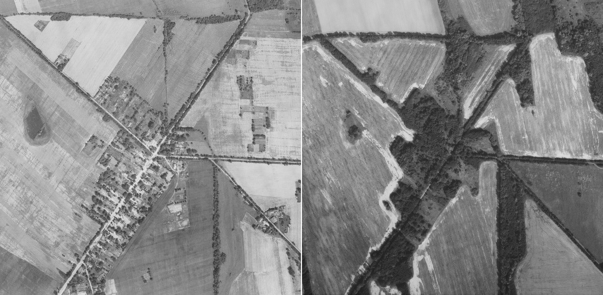 Település Hidegér pusztán 1963-ban és az erdővel benőtt egykori falu 1991-ben (Fotó: https://www.fentrol.hu/hu/legifoto/71692, https://www.fentrol.hu/hu/legifoto/54169)