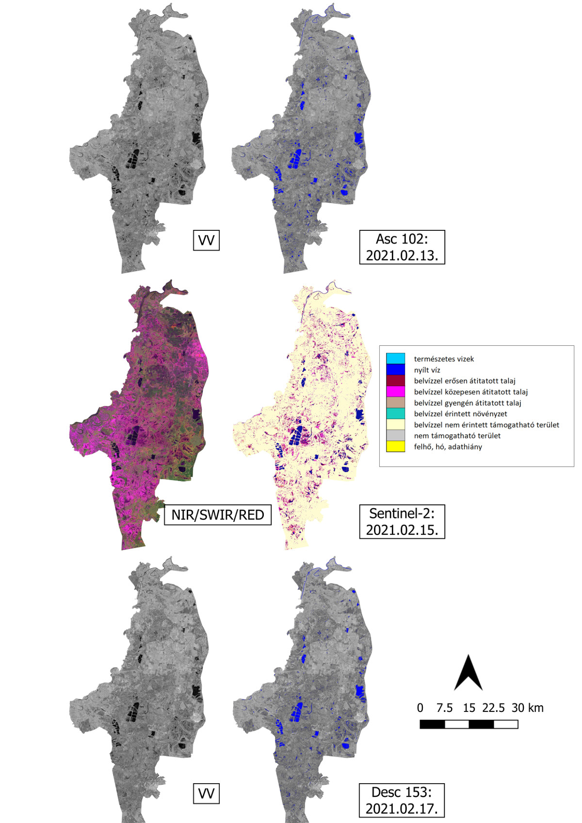 Radaralapú belvíztérképezés egy hortobágyi mintaterületen két radar felvétel (2021.02.13 és 17.) és egy optikai felvétel alapján (2021.02.15). A radar alapvetően a nyílt vízfelületek detektálására alkalmas, míg az optika lehetőséget nyújt az átitatott talajok monitorozására is.