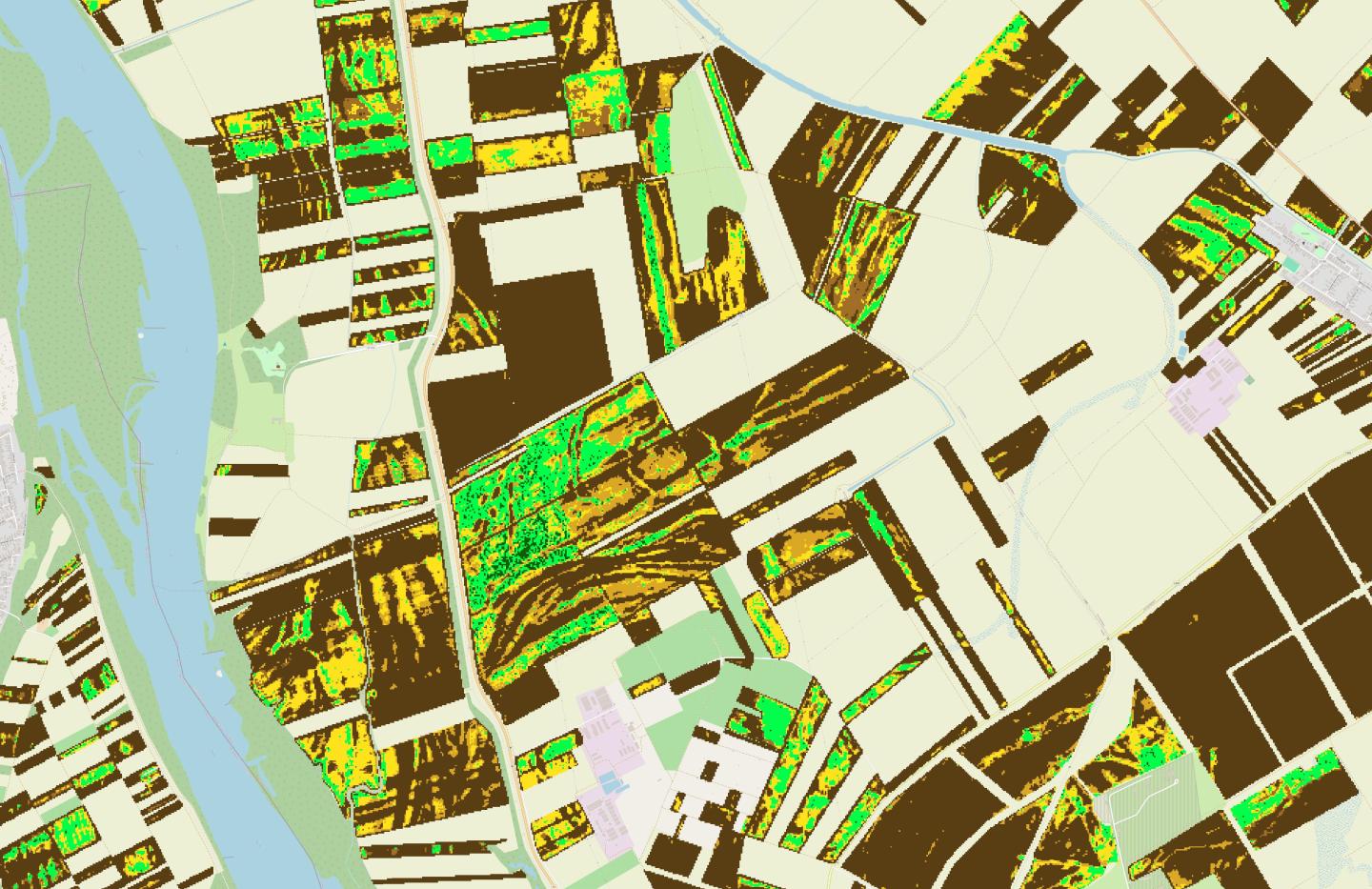 Egy Duna melléki terület őszi kalászos tábláinak állapota 2026 május elején készült Sentinel-2 űrfelvételek kiértékelése alapján. 